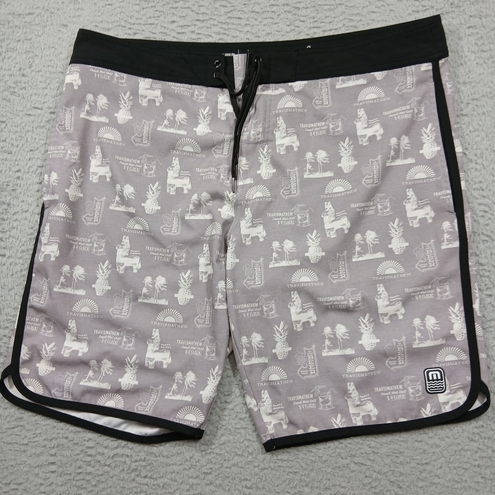 TravisMathew Board Shorts Men's XL Gray Print Swim Trunks Golf Surf‎ Activewear